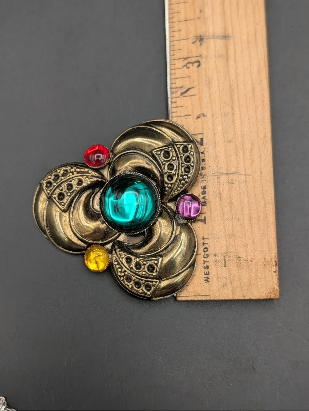 Vintage Art Deco Revival Brass Trefoil Brooch Emerald Red Yellow Glass Cabochon